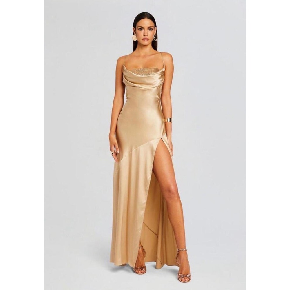 Retrofête Emery Crystal Sequin Silk Maxi Dress Nude Large NWT